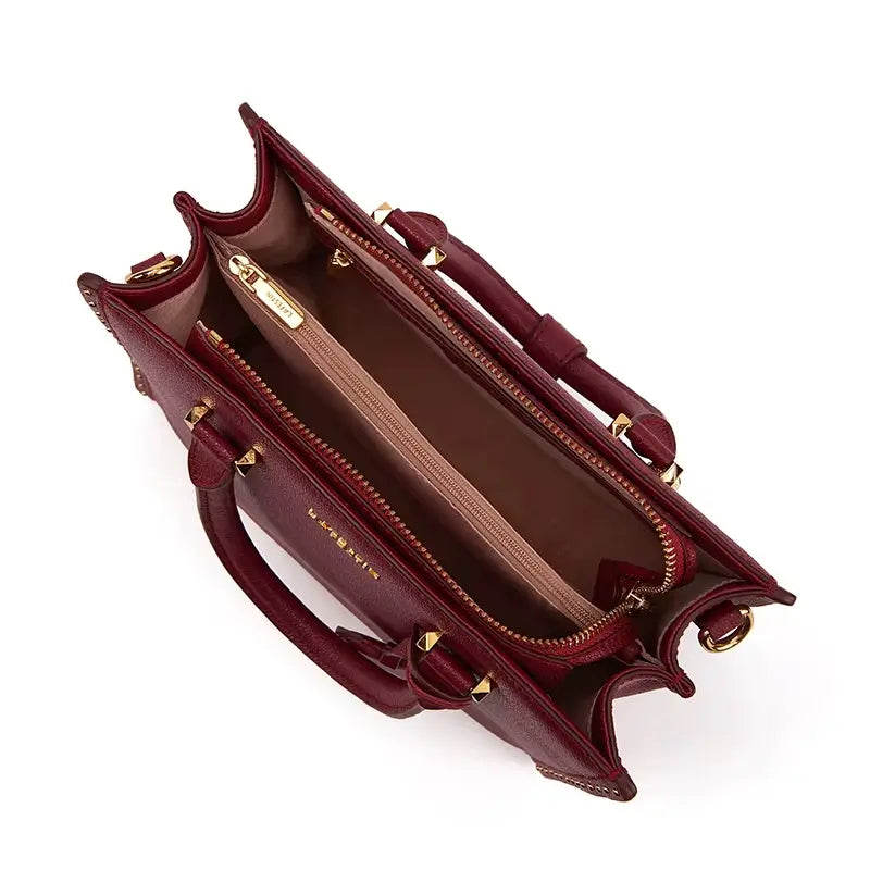 Bolsa tote feminina de couro Ella La Festin cor bordô vista do interior destacando sua qualidade