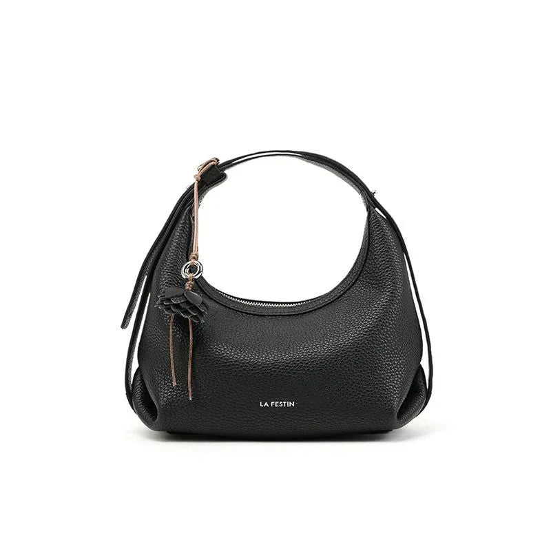 Bolsa de Couro Preto Feminina Meia Lua Naomi Transversal