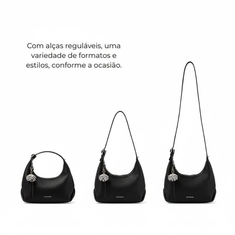 Bolsa de Couro Preto Feminina Meia Lua Naomi Transversal