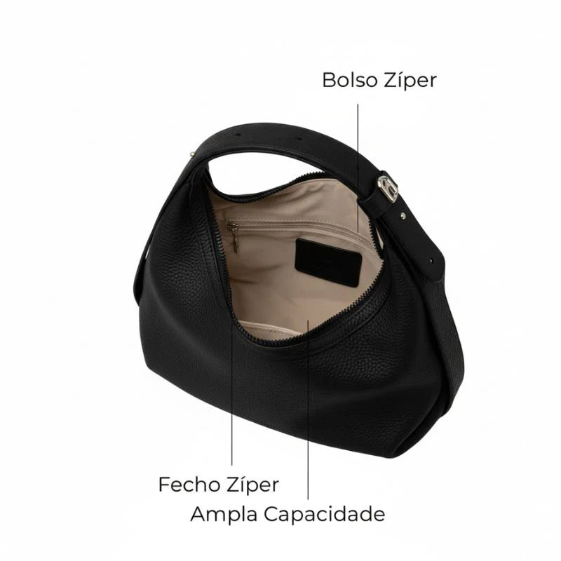 Bolsa de Couro Preto Feminina Meia Lua Naomi Transversal